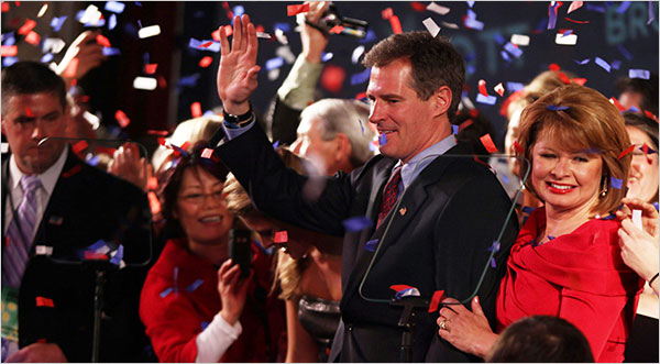 Scott Brown, Republican candidate for the Senate, celebrates with his wife Gail after winning the election, Park Plaza Hotel, Boston, Massachusetts, January 19, 2010.