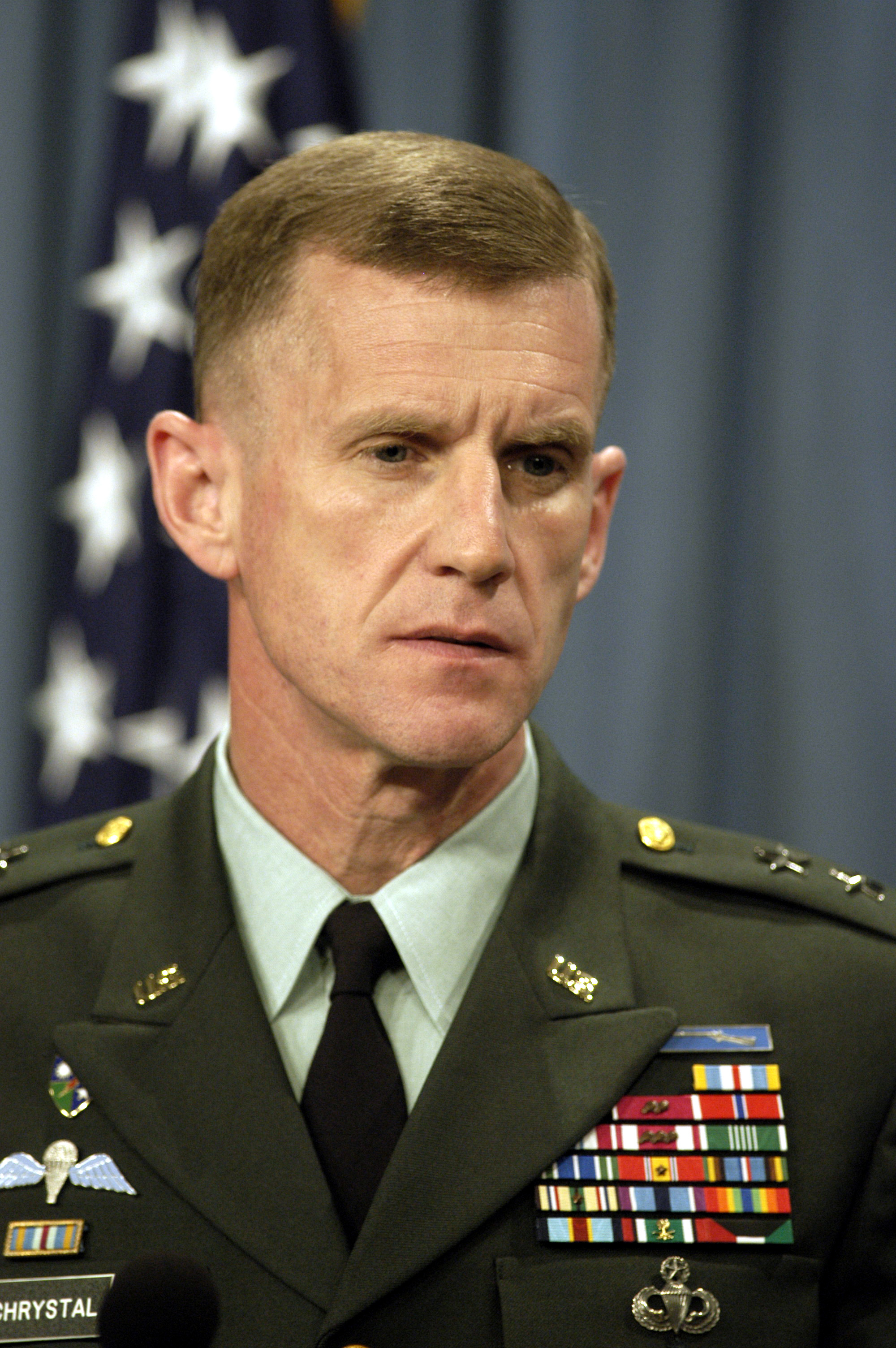 Major General Stanley A. McChrystal listens to a reporter's question during a press conference, the Pentagon, April 16, 2003.