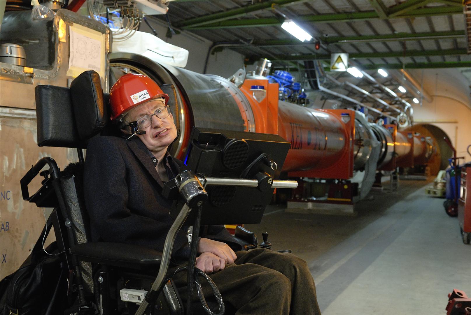 Stephen Hawking during his visit to focalisation's area of the beam at point 1 of the LHC tunnel, the Theory Unit of the Physics Department, CERN, September 2006.