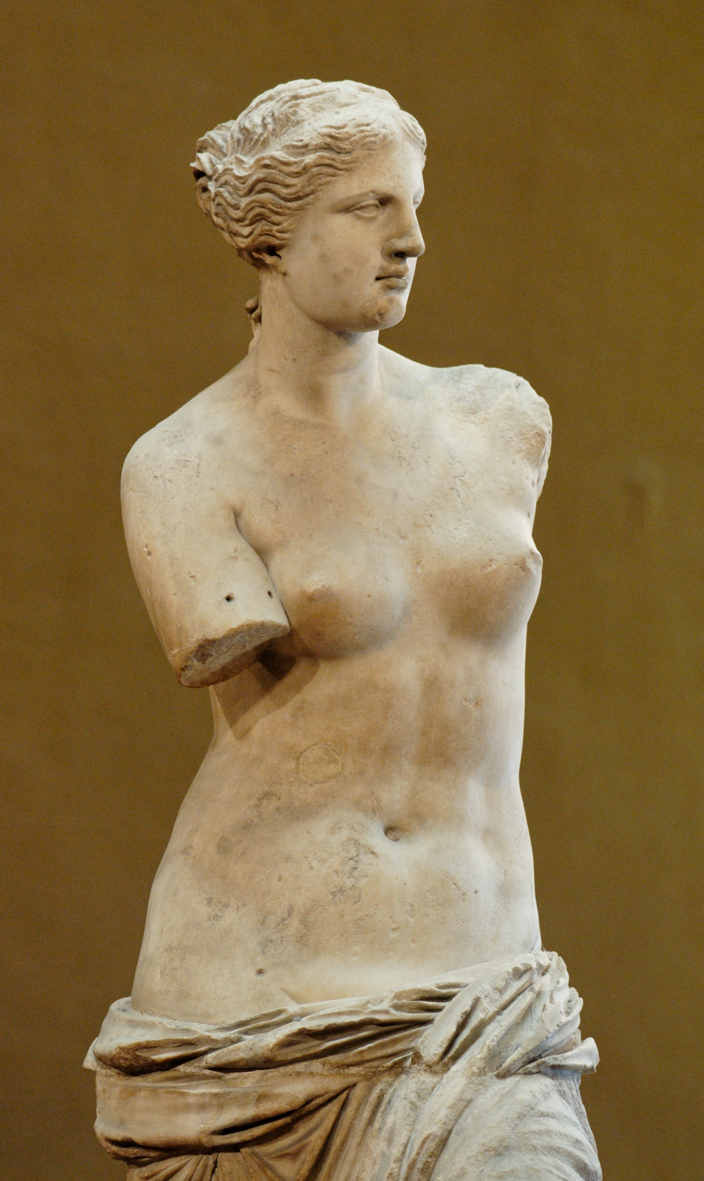 Aphrodite, Amphitrite -Goddess of the Sea, (Aphrodite of Milos or better known as the Venus de Milo, for Melos of the Cyclades Islands where was found in 1820), thought to be the work of Alexandros of Antioch, c. 120-100 BCE, Parian Marble, 202 cm, Louvre Museum.