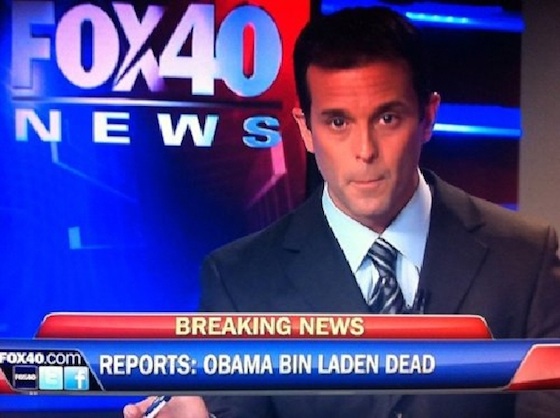 A Sacramento Fox News affiliate, Fox 40, displays a typographical stating '[Abu-Ommo] bin Laden Dead,' rather than the actual news of Osama bin Laden's death, late night May 1, 2011.