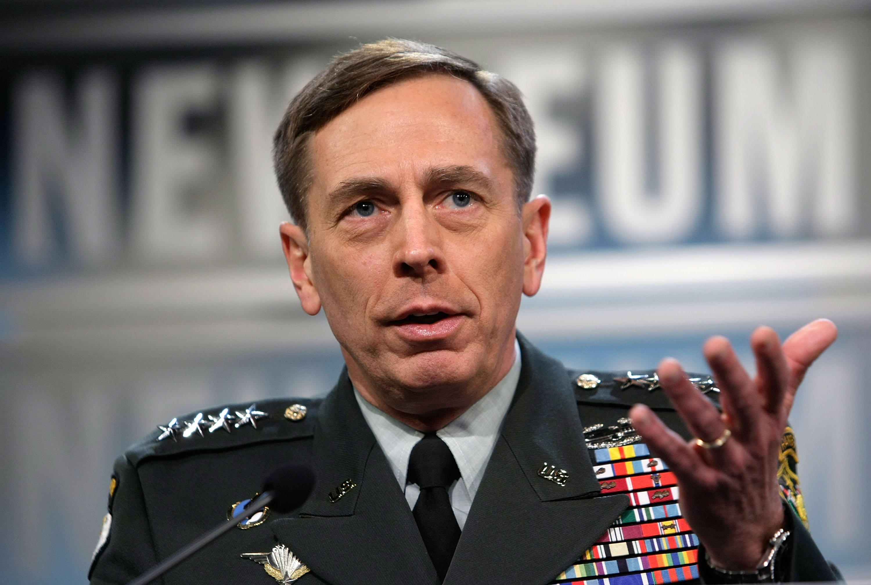 U.S. Army General David H. Petraeus, the commander of Multi-National Force - Iraq, briefs reporters on his view of the military situation in Iraq, Washington, D.C., April 10, 2008.