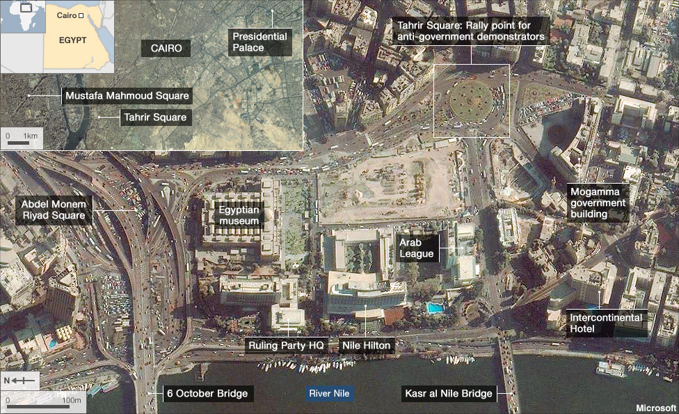 Map of protests location in A-Tahrir Square, downtown Cairo, Egypt, February 2011.