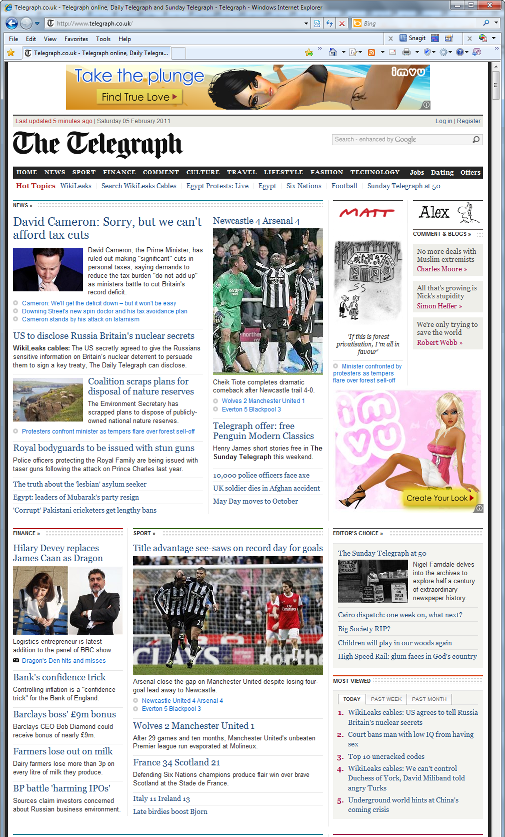 Telegraph website front page, February 5, 2011.