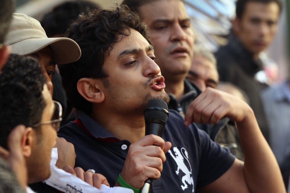 Google activist Wael Ghoneim addresses protesters, A-Tahrir Square, downtown Cairo, Egypt, February 8, 2011.