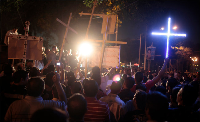 Coptic Christians hold a sit-in following attacks on churches by militant Salafi Islamists, Maspero, Cairo, May 19, 2011.