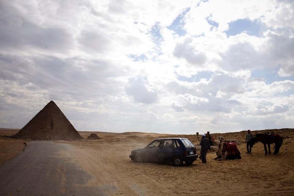 The Pyramids and the Sphinx, Egypts greatest tourist attractions, have reopened since the riots in Tahrir Square, but few tourists have returned, leaving guards to mill around, Giza, early February 2011.