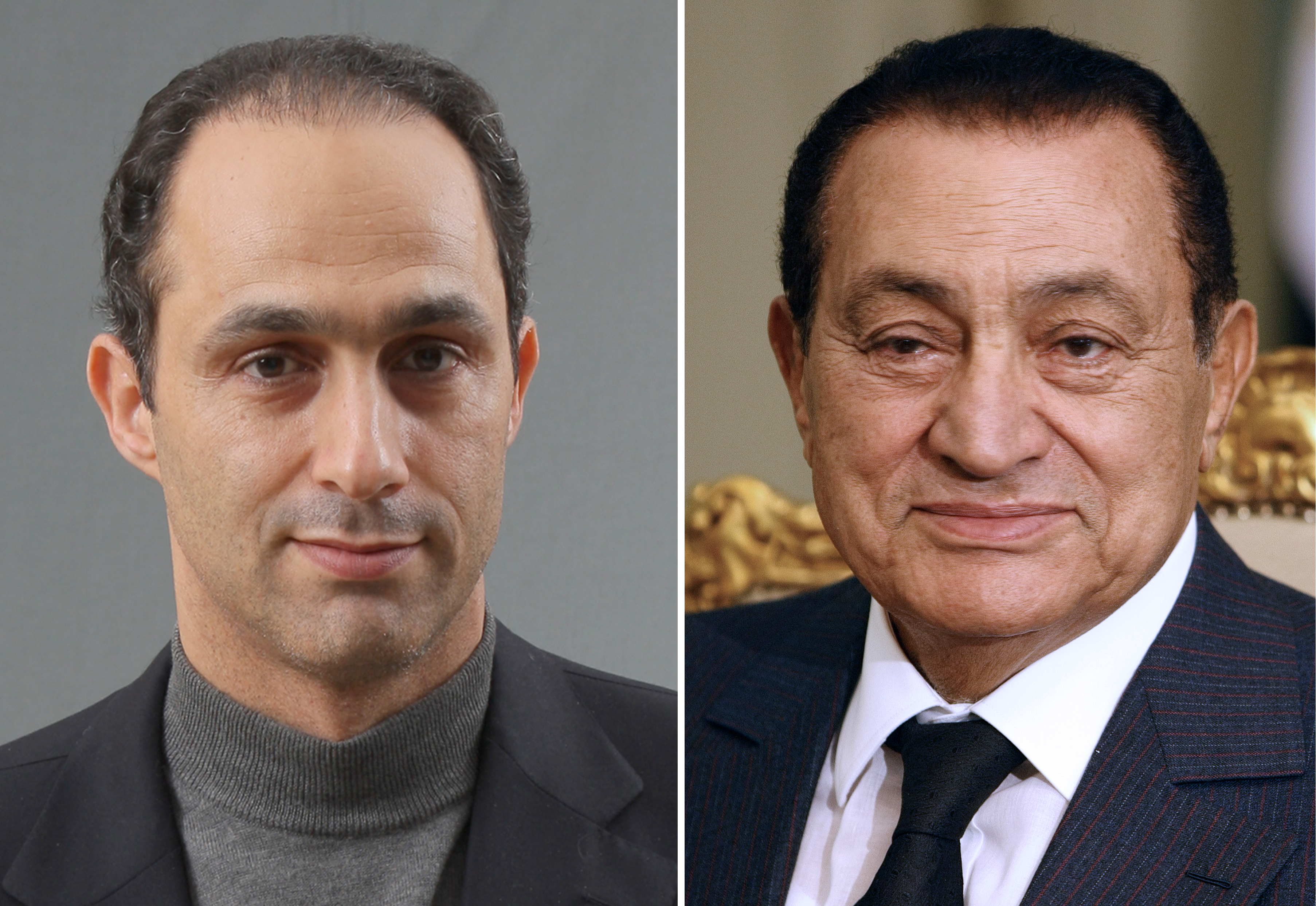 A composite image of Gamal Mubarak, the head of the higher political committee of the National Democratic Party (NDP), and his father, President Hosni Mubarak of Egypt, both c. 2008.
