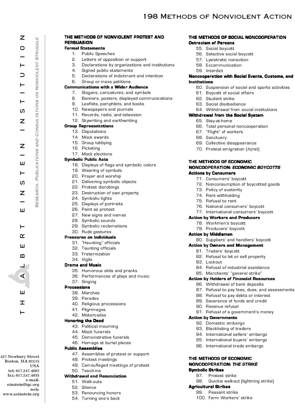 Gene Sharp's '198 Methods of Nonviolent Action,' published by Albert Einstein Institution.