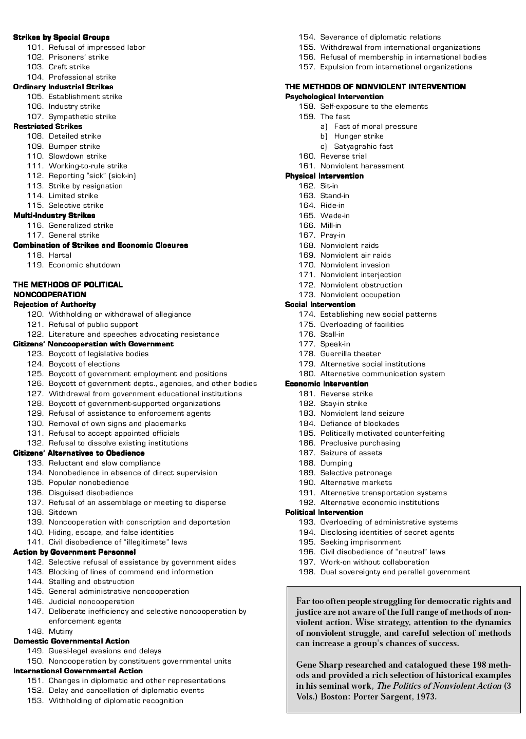 Gene Sharp's '198 Methods of Nonviolent Action,' published by Albert Einstein Institution.