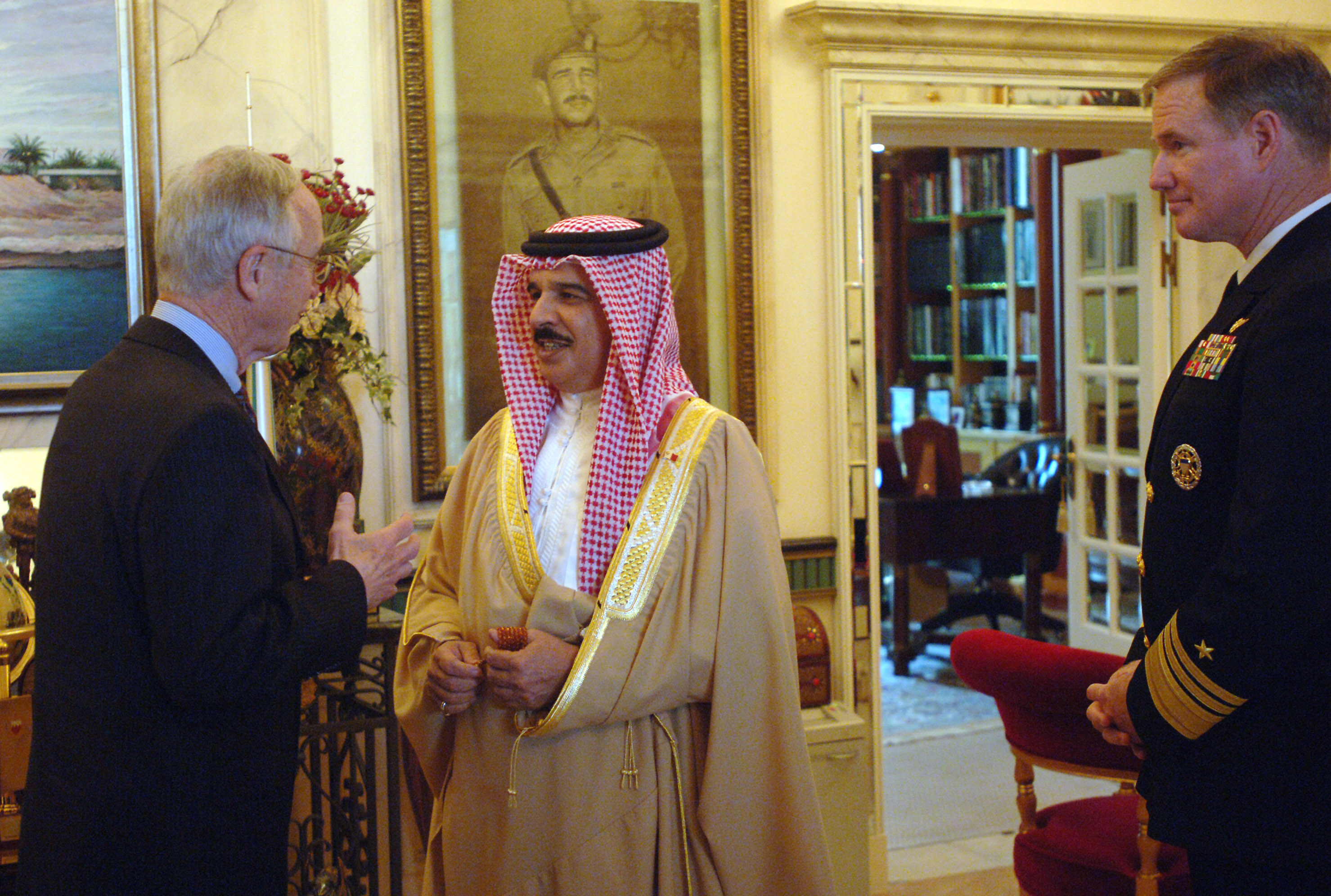 Deputy Secretary of Defense Gordon England, left, visits with King of Bahrain Hamad bin Isa al-Khalifa while Commander, U.S. Naval Forces Central Command, Vice Adm. Patrick Walsh looks on, Manama, Bahrain, January 22, 2007.