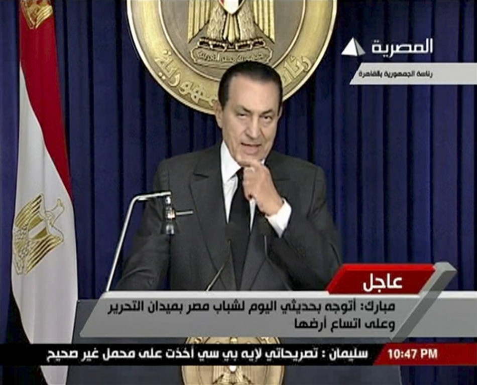 Egypt's President Hosni Mubarak addresses the nation in this still image taken from TV, Cairo, February 10, 2011.