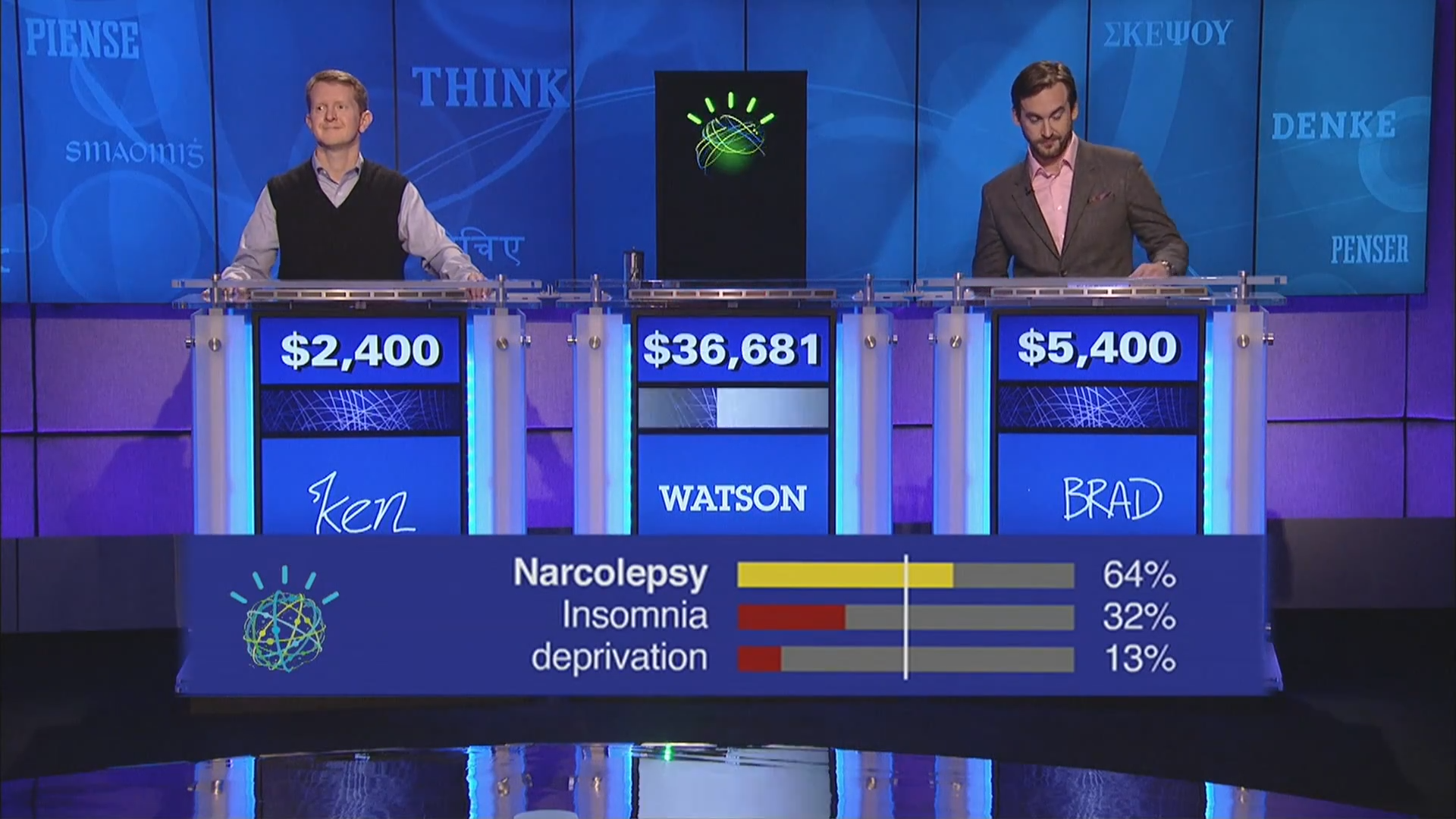 Two 'Jeopardy!' champions, Ken Jennings, left, and Brad Rutter, competed against IBM's Watson supercomputer, which proved adept at buzzing in quickly, as bouts were taped at the IBM research center in Yorktown Heights, New York, and February 14, 2011 was the broadcasting date of the first episode.