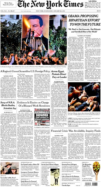 New York Times New York edition front page, January 26, 2011.