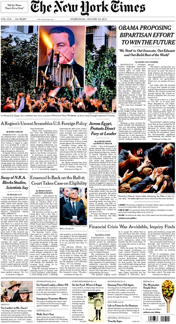 New York Times national edition front page, January 26, 2011.