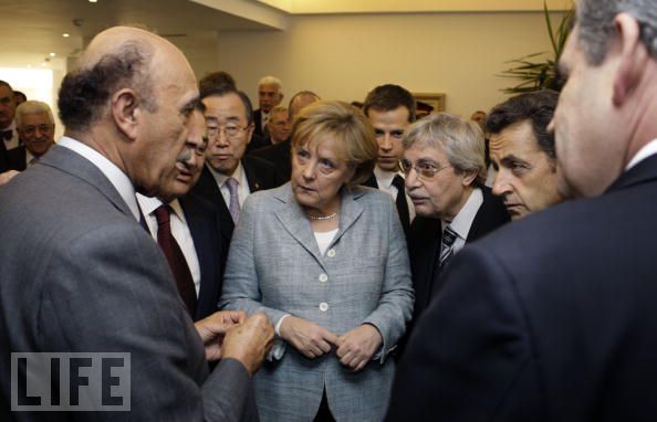 Omar Suleiman, National Intelligence Chief of Egypt speaks as (L-R) Hosni Mubarak, President of Egypt, UN General Secretary Ban Ki Moon, German Chancellor Angela Merkel, Nicolas Sarkozy, President of France (2ndR) and British Premier Gordon Brown listen, during an international summit on Gaza, Sharm A-Sheikh, Egypt, January 18, 2009.