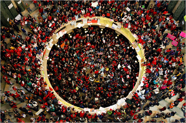 Union supporters, state employees and students invade the Wisconsin State Capitol, Madison, February 18, 2011.