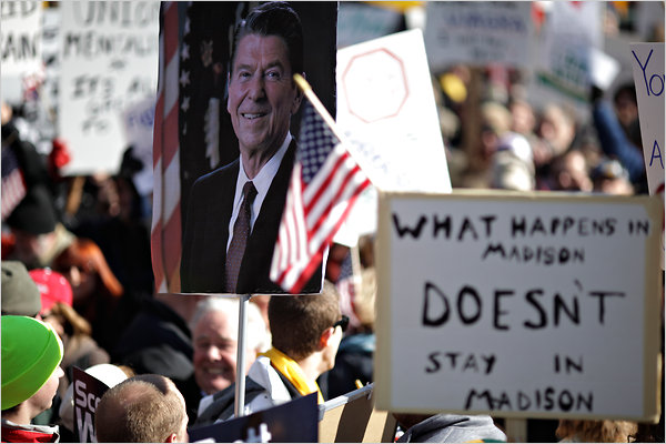 In opposition to the opposition which overran the capital city for much of the week by union supporters, state employees and students; a counterdemonstration, self-described Tea Party, members and other fiscal conservatives show their support for the Governor Scott Walkers plan to cut collective bargaining rights and benefits for public workers, Madison, Wisconsin, February 19, 2011.