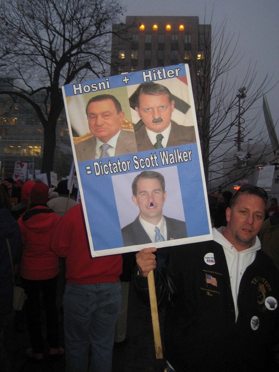 Union supporters, state employees and students protest for the third day against a bill that could end the collective bargaining rights for government employees, Madison, Wisconsin, February 17, 2011.