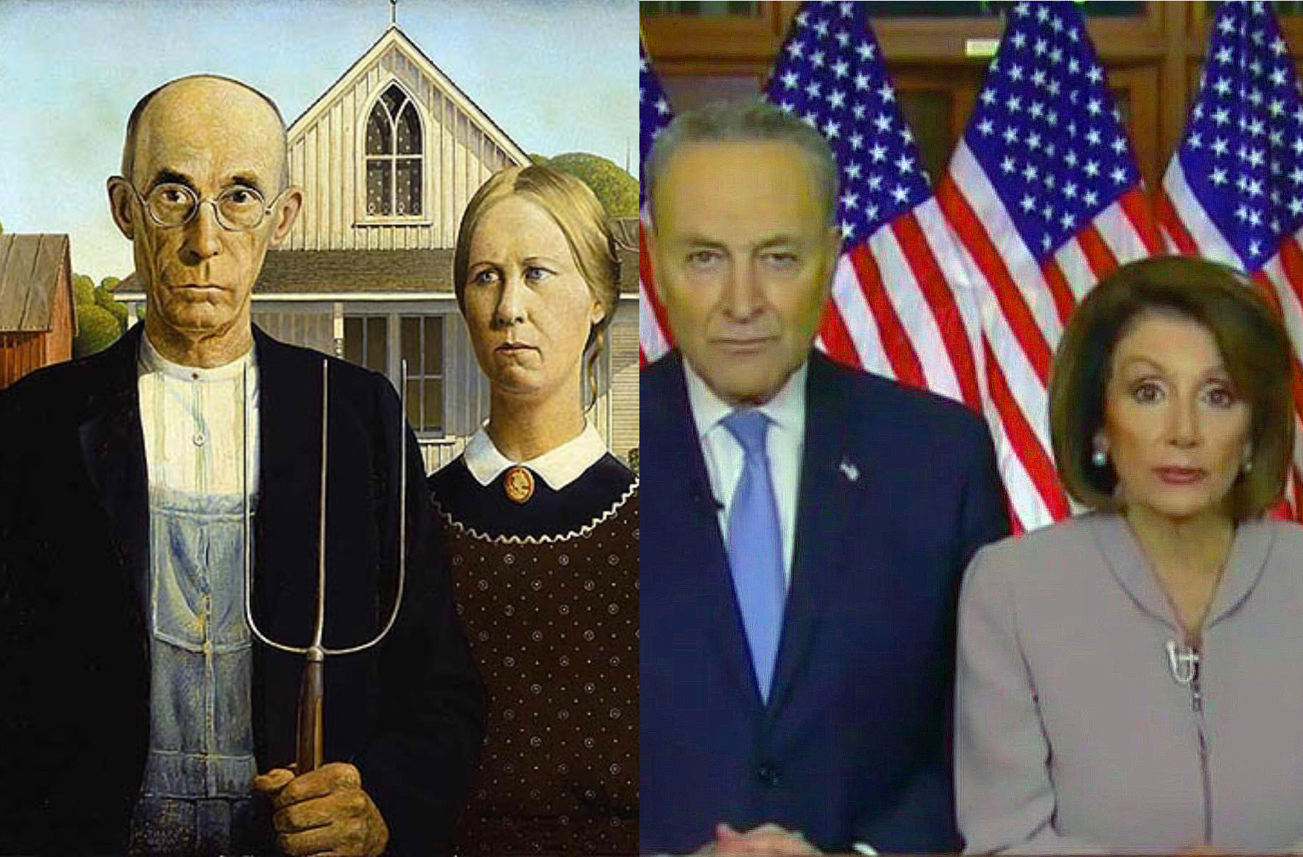 Grant Wood's American Gothic (1930) [FLIPPED] - Chuck Schumer and Nancy Pelosi (2019).