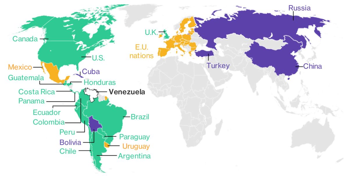 Map of countries recognizing Juan Guaido as Venezuela’s new president, Bloomberg.com, ‎January‎ ‎24‎, ‎2019‎.