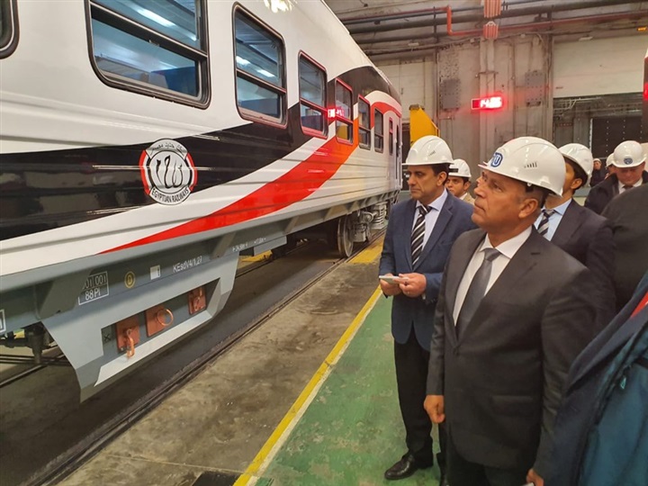 Egypts Minister of Transportation Kamel Al-Wazir checks a Soviet-made train with the country flag flipped upside down, October 2019.