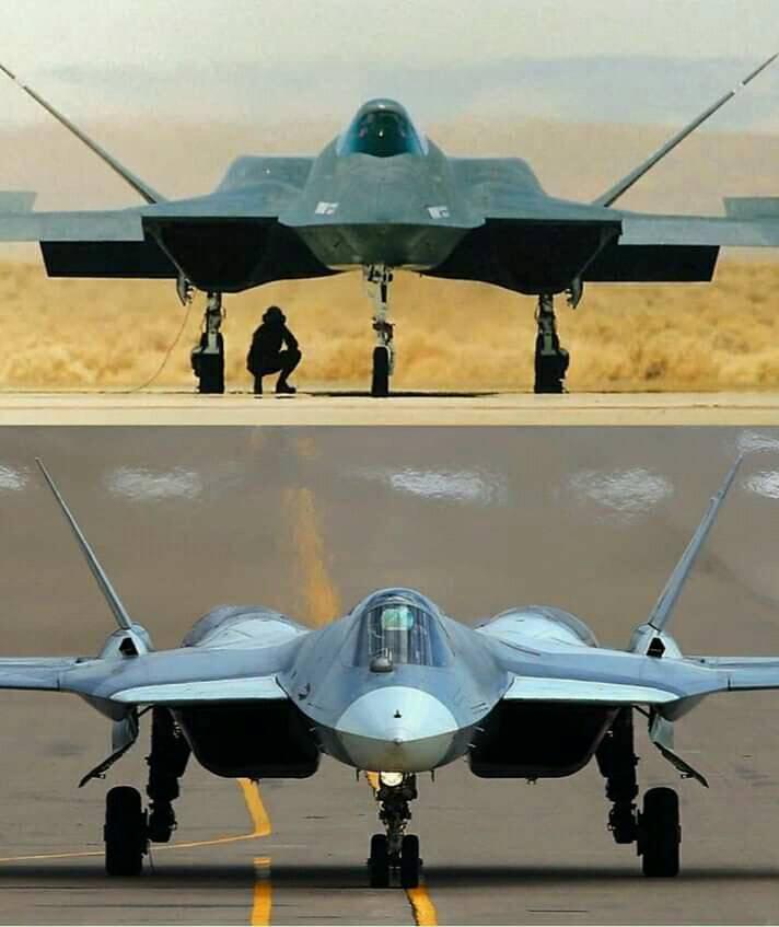 U.S.' F-23 (1989) and the Soviet Su-57 (2009), as depicted by a Facebook page named Military Aviation.