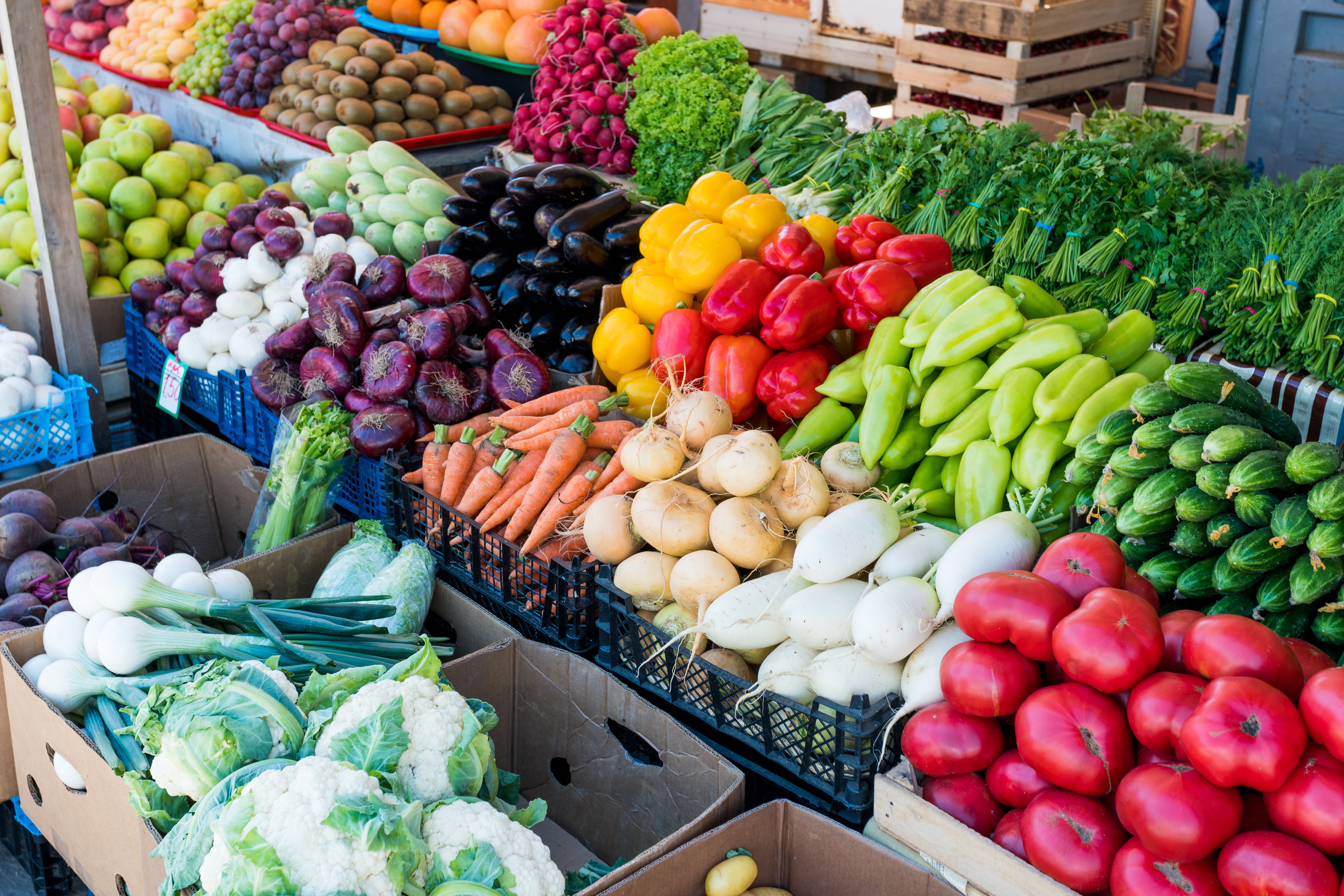 Fresh and organic vegetables and fruits at farmers market, Niebll, Germany, April 2019.