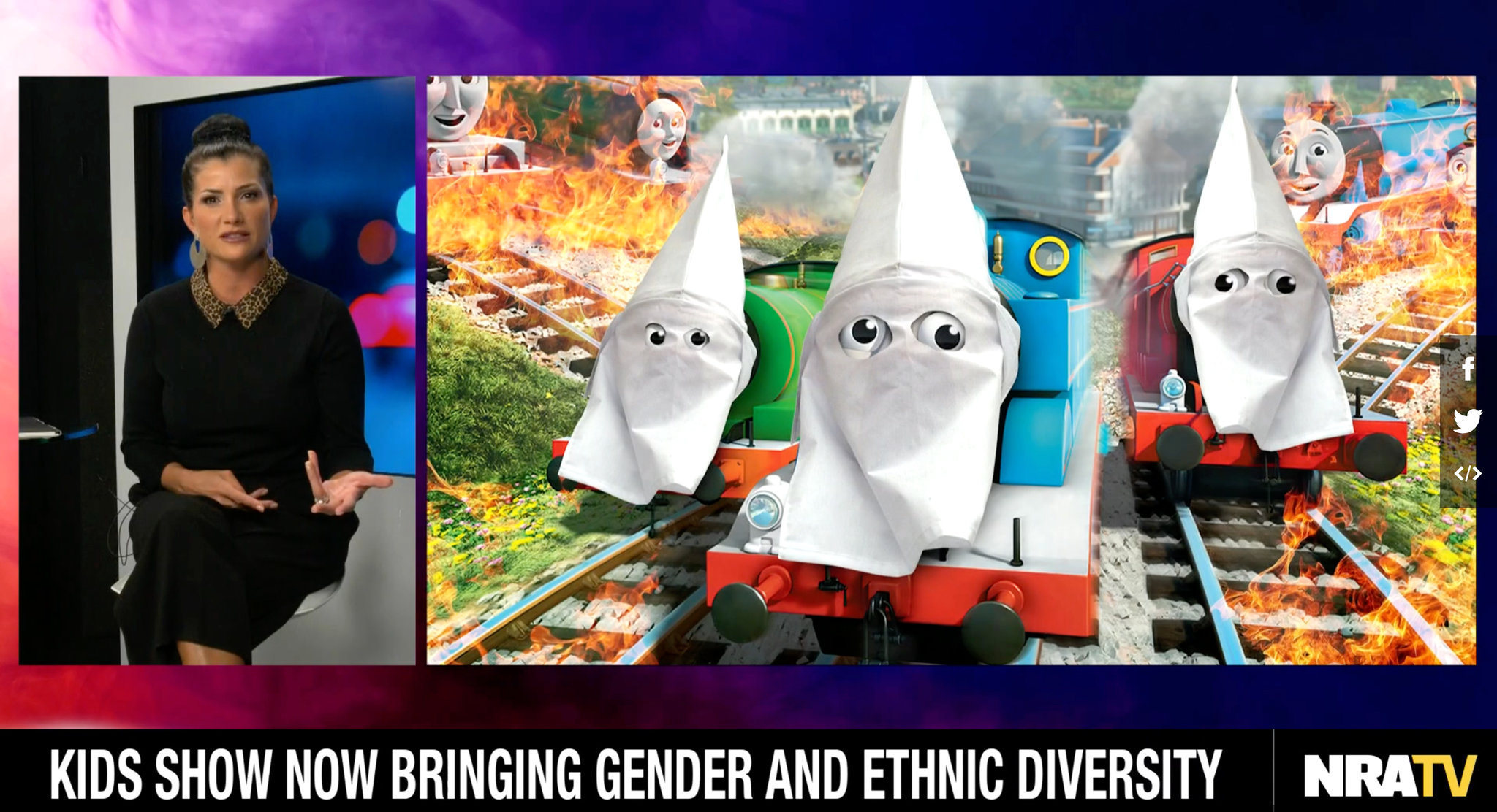 Dana Loesch, an N.R.A. spokeswoman, mocks ethnic diversity on the children’s program ‘Thomas & Friends,’ portraying the show’s talking trains in Ku Klux Klan hoods., February 2019.