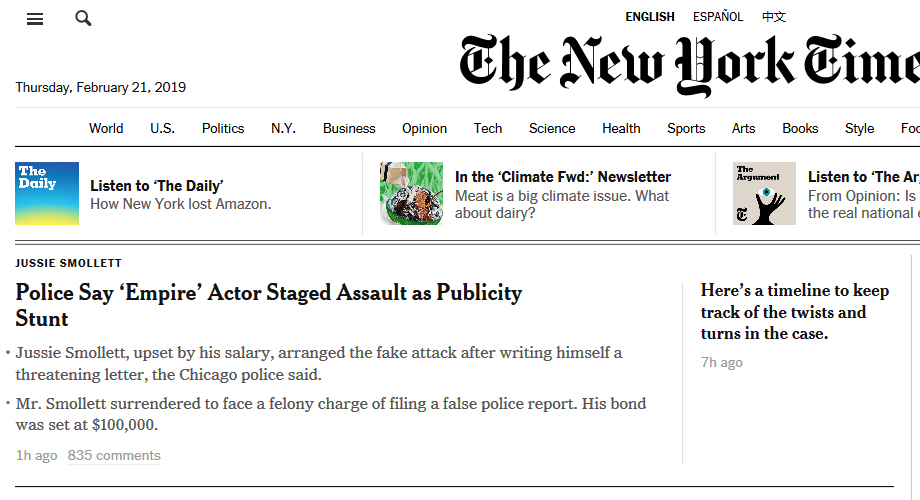 New York Times site front page, February 21, 2019.