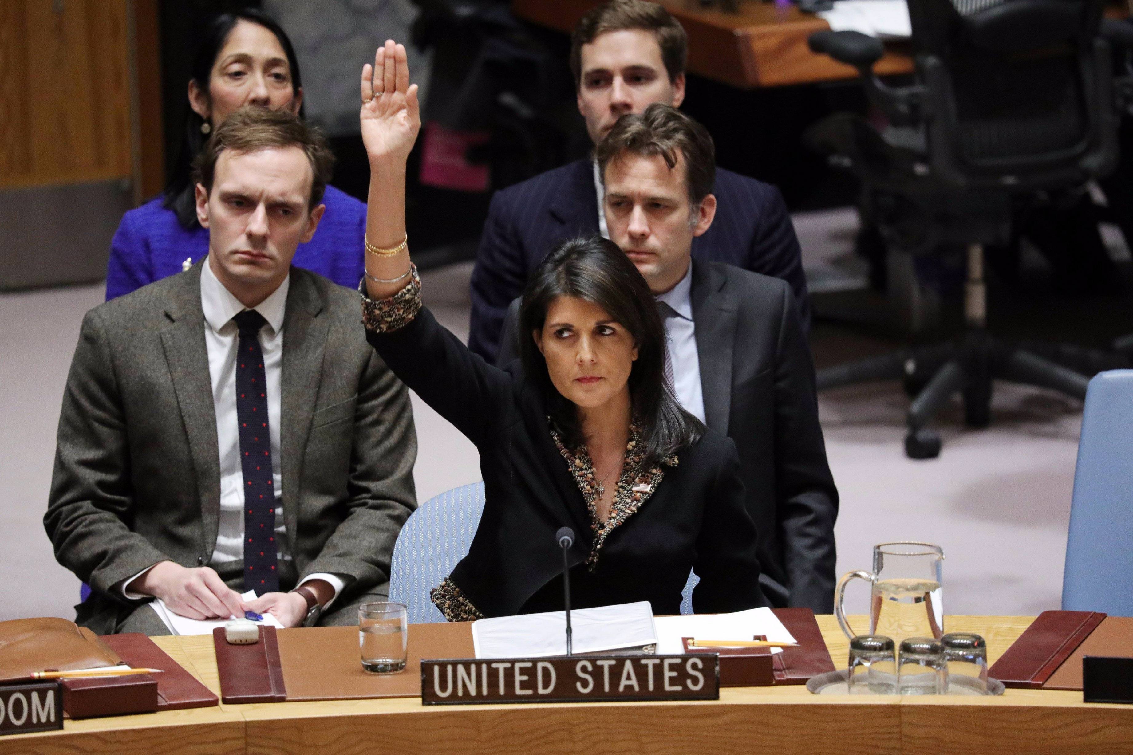U.S. Ambassador to the United Nations Nikki Haley vetos an Egyptian-drafted resolution regarding recent decisions concerning the status of Jerusalem, December 18, 2017.