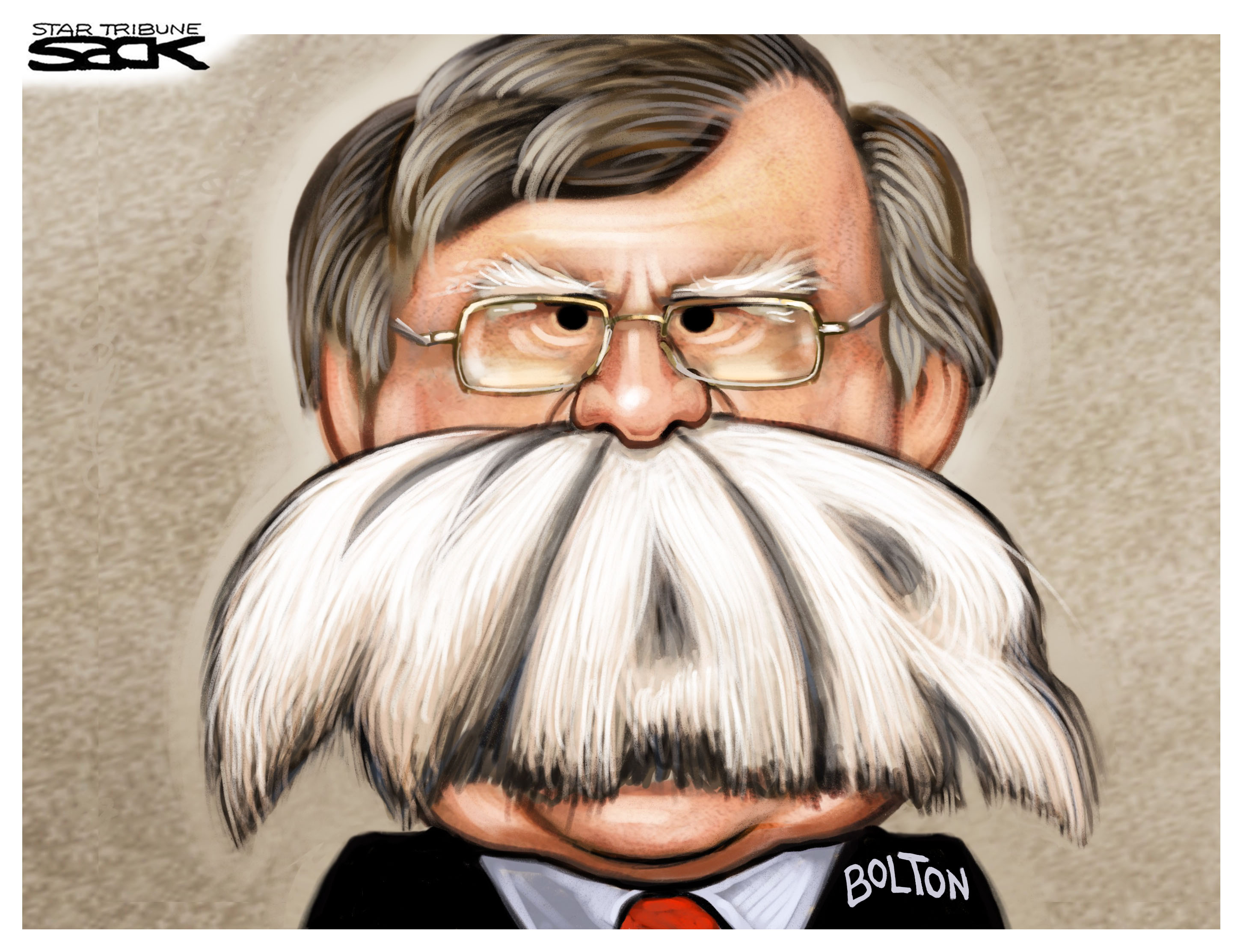 Jjohn Bolton War Mustache by Steve Sack, Cagle Cartoons and Star Tribune, 2018.