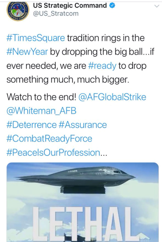 U.S. Strategic Command New Year's Eve nuclear weapon tweet, December 31, 2018.