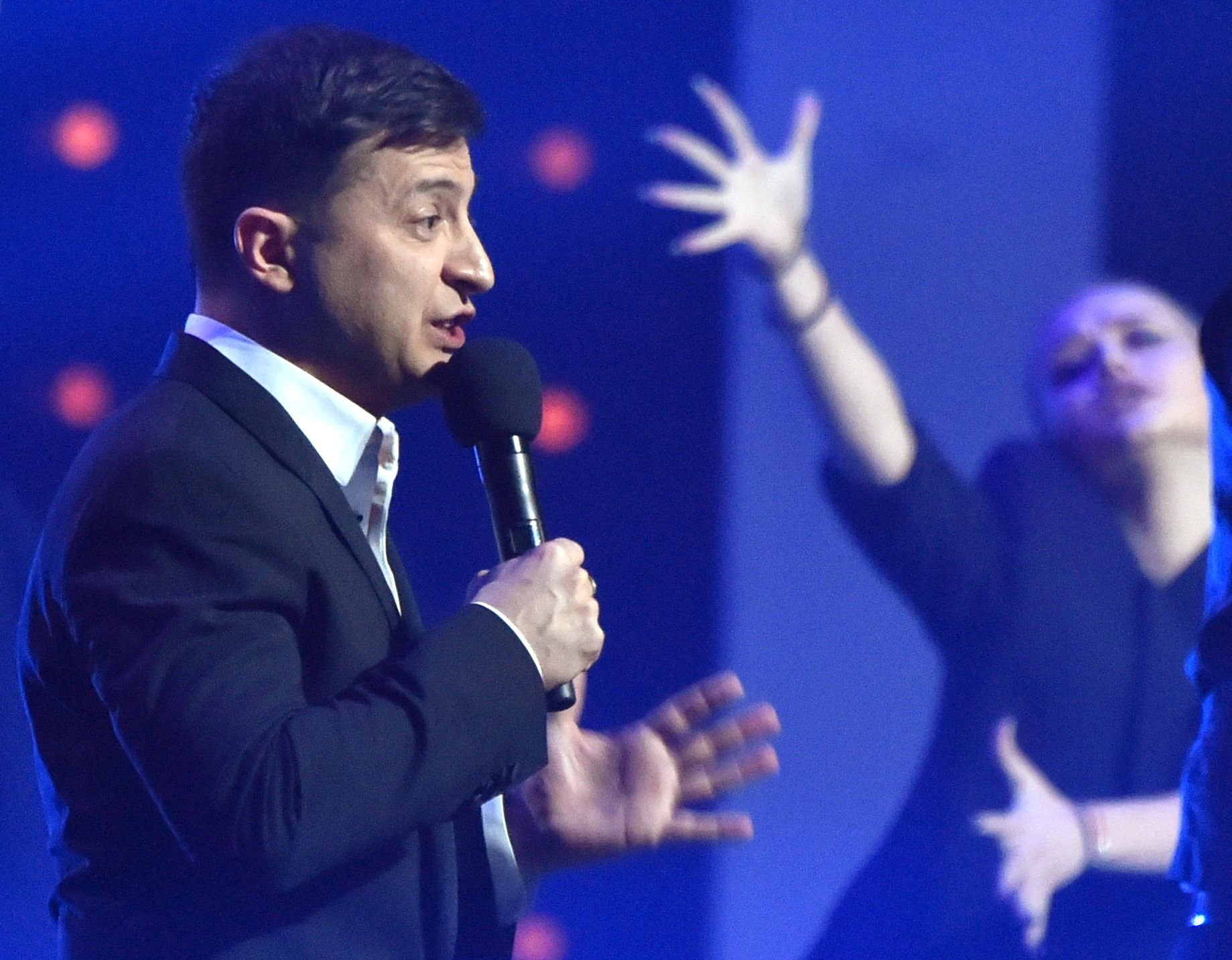 Ukrainian comic actor showman and presidential candidate Volodymyr Zelensky performs with his group 95th block in Kiev.